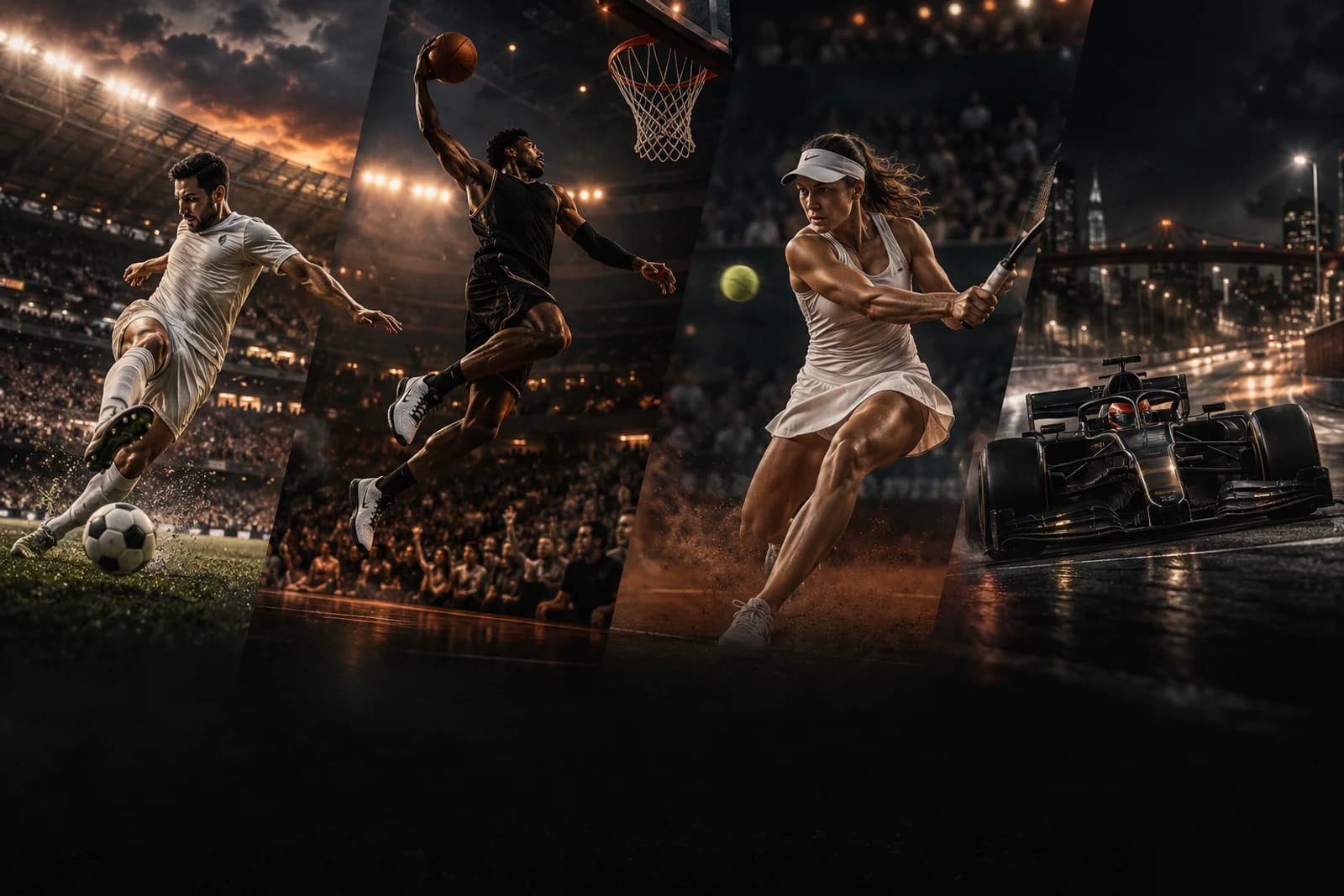 Football, basketball, tennis and motorsport in an original sports illustration